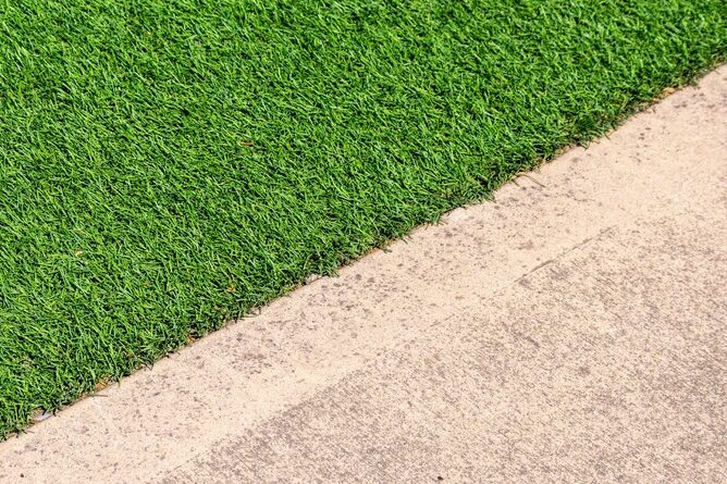 Eco-friendly green artificial synthetic grass next to a clean concrete sidewalk. Close up.